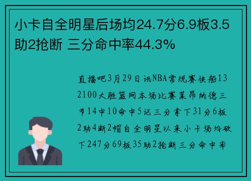 小卡自全明星后场均24.7分6.9板3.5助2抢断 三分命中率44.3%
